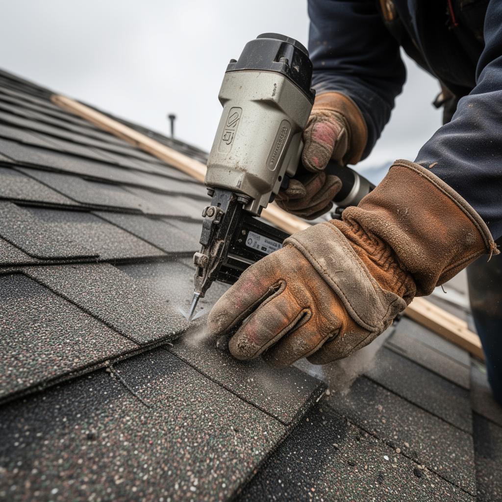 Roofer installing shingles